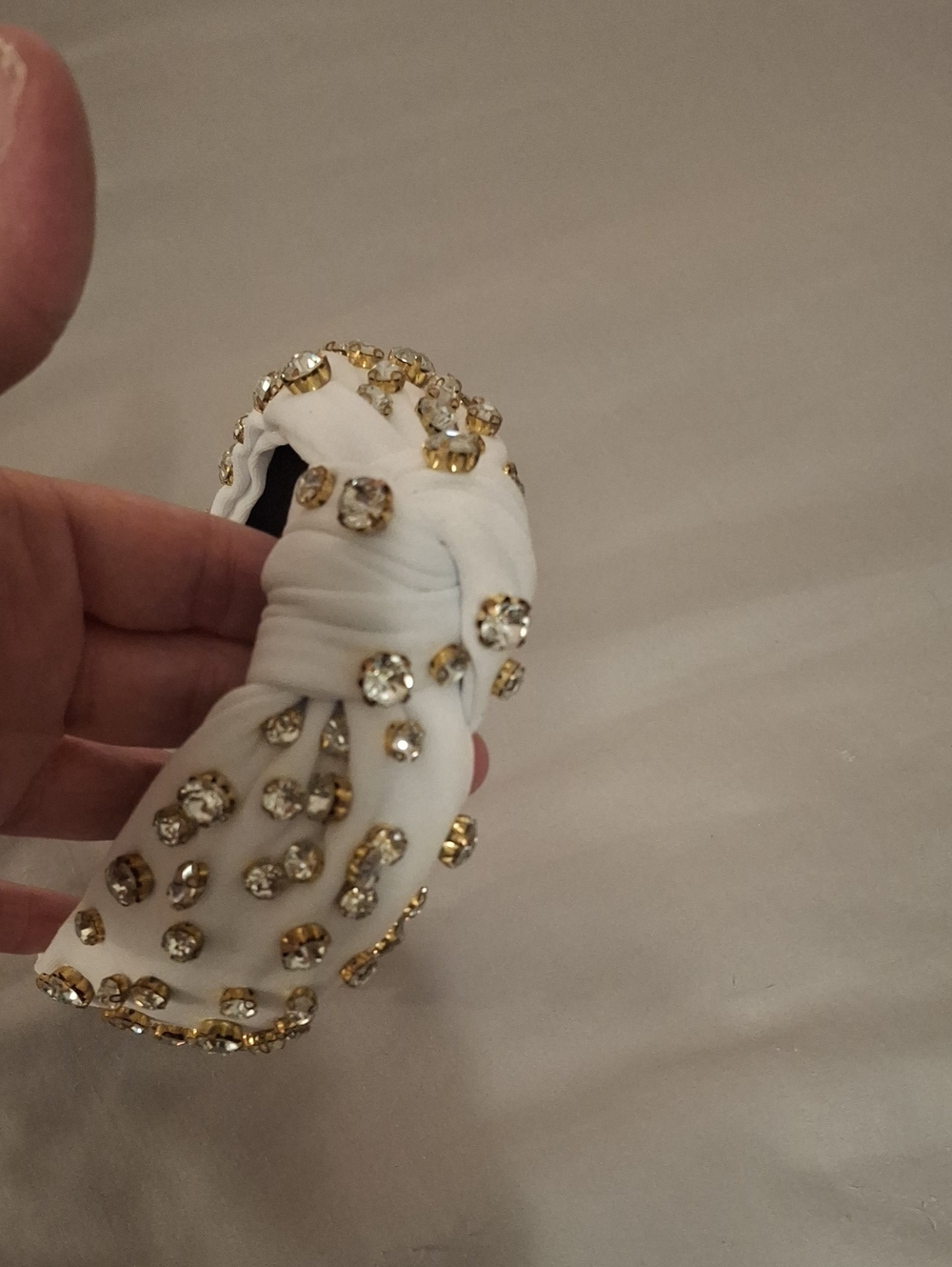 White Knotted Headband with Gold Crystal Accents